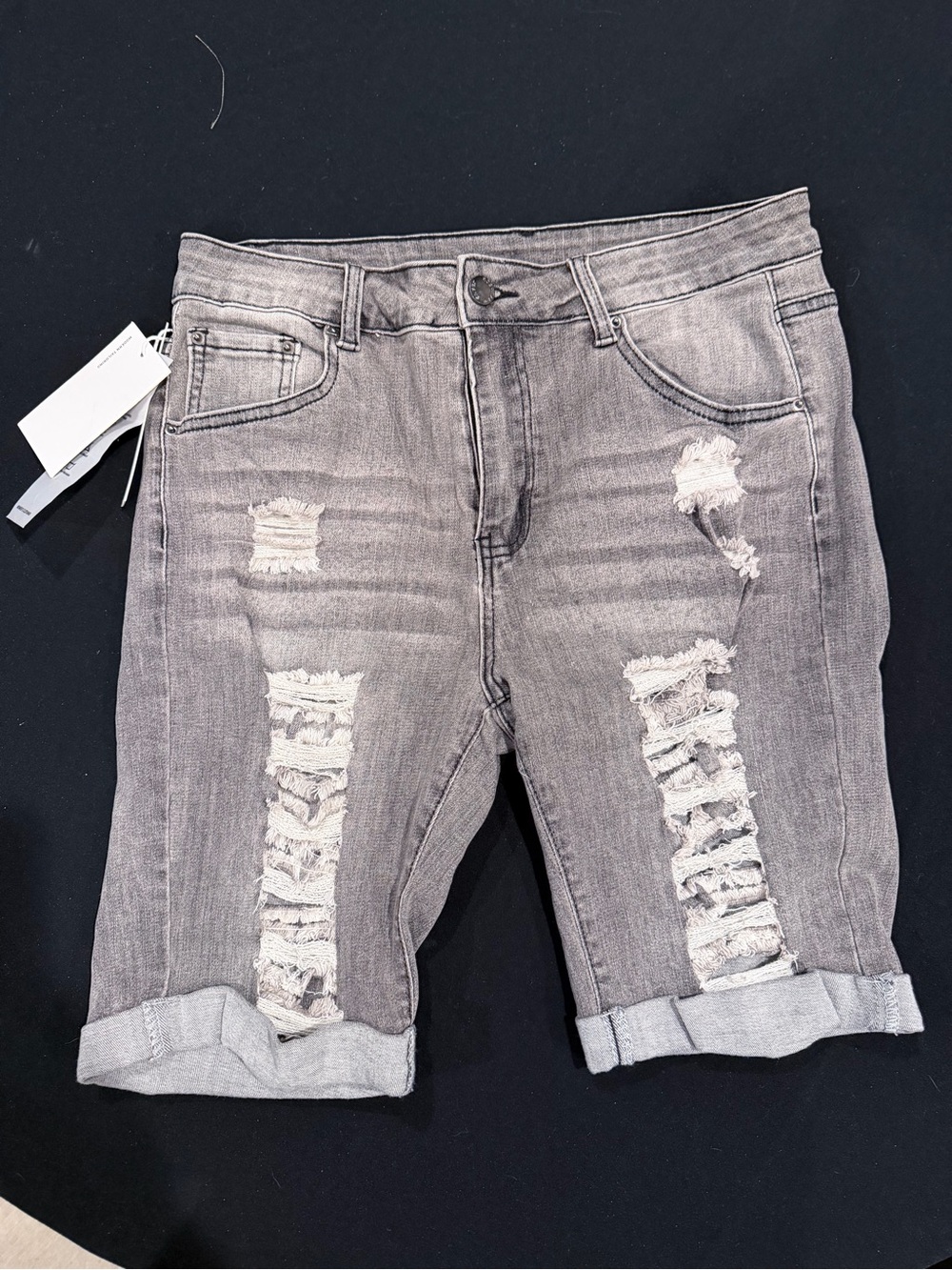 NWT Roswear Gray Distressed Bermuda Jean Shorts Large Cuffed Stretch
